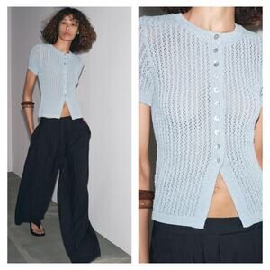NWT ZARA Pointelle Knit Cardigan S Blue